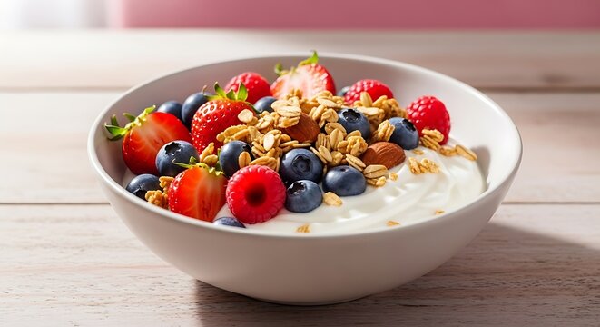 Creamy white dairy base supports vibrant mixed berries and crunchy cereal topping in a simple bowl