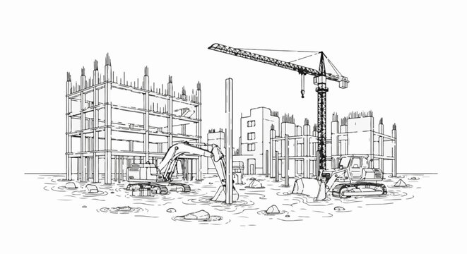 Construction site with unfinished buildings, cranes, and excavators