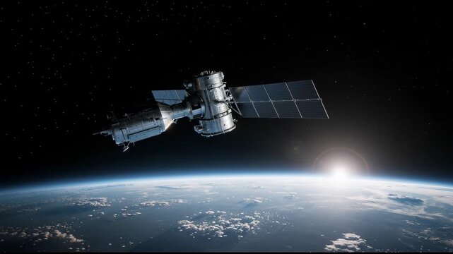 Satellite orbiting Earth with solar panels capturing a stunning sunrise over the planet