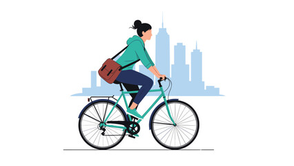 Fototapeta premium Young woman with a messenger bag rides a green bicycle past a blue city skyline silhouette during her daily commute to work or school.