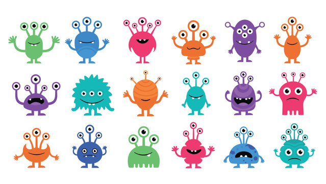 Collection of cute and colorful cartoon aliens and monsters with different numbers of eyes and shapes is shown on a white background.