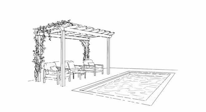 A shaded patio seating area with a pool