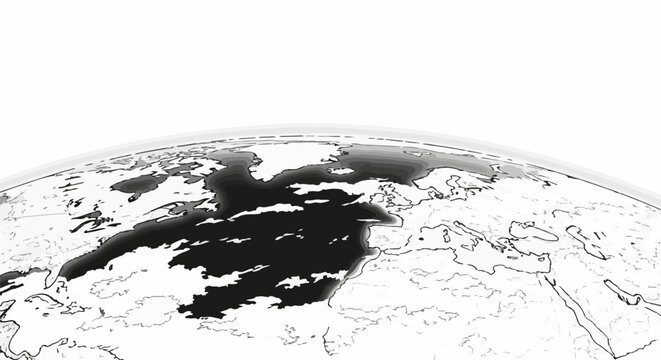 Black and white contour map of Earth's continents and oceans, with shaded areas indicating different data values