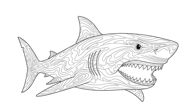 Detailed black and white line art illustration of a great white shark with intricate patterns inside its body and open jaws.