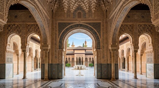 Ornate Moorish Arches and Courtyard in Alhambra Palace, Granada, Spain
