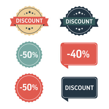 Discount badges and labels with percentages, sale tags, shopping offers