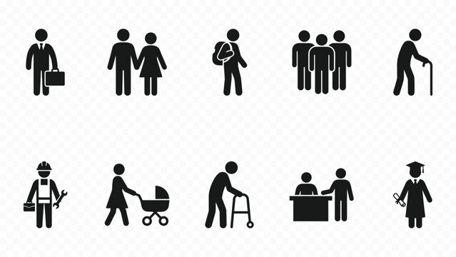 Solid black icon set of society demographics people family and elderly generation for human population
