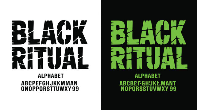 Bold black and green black ritual typography with alphabet examples displayed