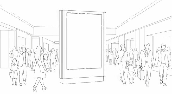 Busy interior scene with a blank advertisement billboard and people walking by