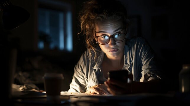 Woman looking at phone at night with desk lamp