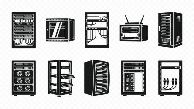 Solid black icon set of server racks and data center hosting mainframes for network hardware cabinet