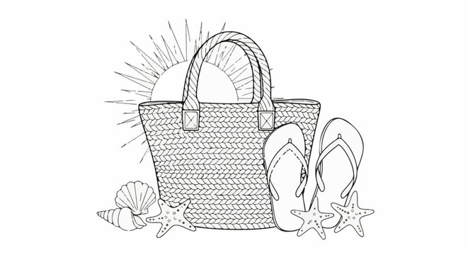 Beach accessories a woven bag, flip-flops, shells, and a sun design