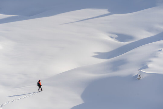View of a lone figure in red trekking across pristine, undulating white snow, sculpted by sun and shadow, Bohinjsko jezero, Radovljica, Slovenia.
