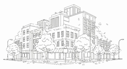 Obraz premium A line drawing of a city street with buildings, trees, and fallen leaves