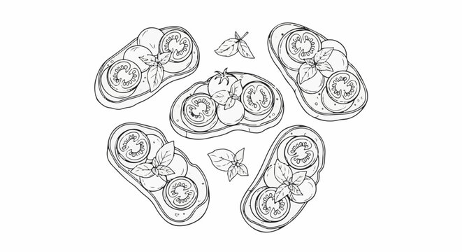 A hand-drawn sketch of tomato and basil bruschetta on toast arranged on a white background