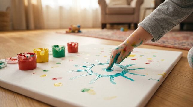 Child finger painting a blue sun on white canvas
