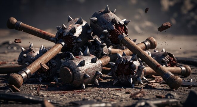 Pile of Spiked Wooden Maces on Rocky Ground