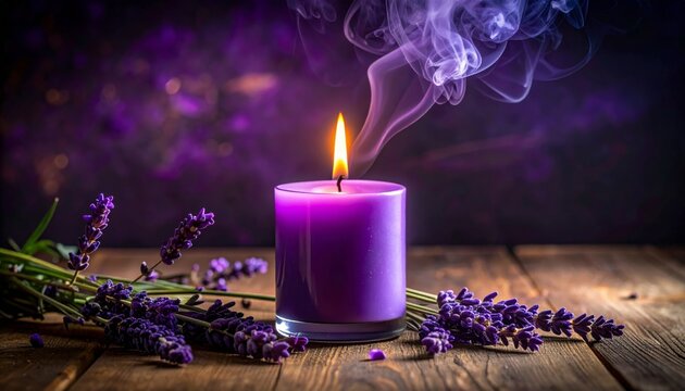 A serene spa still life features glowing candles and purple lavender flowers, providing a luxury aromatherapy treatment for relaxation and beauty care through the warm light of a flickering flame