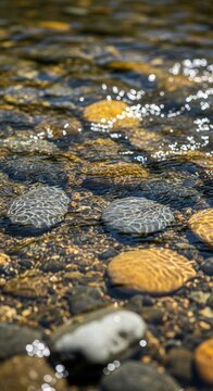 Sunlight Ripples on Riverbed Stones