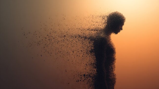 A human figure dissolving into particles, conceptual illustration of burnout, symbolizing emotional exhaustion, stress mental fatigue in minimal modern composition psychology background copy space