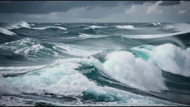 Stormy ocean waves crashing and swirling under dark moody sky dramatic sea landscape