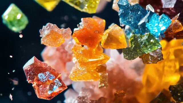 Colorful crystals are suspended and rotate in a dark background, displaying their shapes and colors clearly for an immersive experience