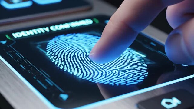 A futuristic fingerprint scan on a sleek, high-tech device with blue glowing lines