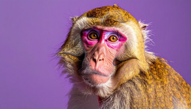 Close-up portrait of a colorful macaque monkey on a solid purple background