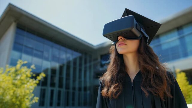 A graduate student woman wears a virtual reality headset while standing outside a modern university building on a sunny day
