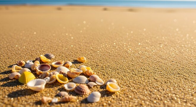 Seashells scattered on a sandy beach with a blurred ocean background