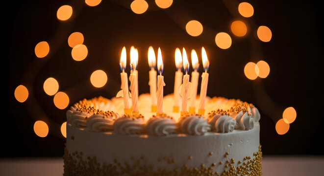Celebratory birthday cake with lit candles and bokeh lights
