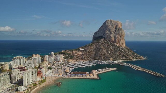 Calpe skyline with Penon de Ifach rock and marina aerial view, Costa Blanca Spain