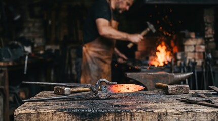 Fototapeta premium Blacksmith forging glowing blade on anvil in workshop
