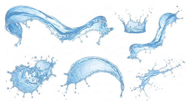 Dynamic blue water splashes and drops captured in various shapes, isolated on a transparent background.