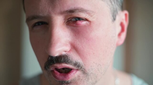 A man examines his eye affected by chalazion. He studies the inflammation and pus while touching the area around his eye