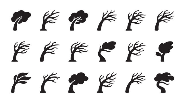 A collection of simple black silhouette icons depicts trees bending and swaying in a strong wind, illustrating weather conditions.