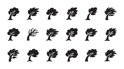 Obraz premium A collection of diverse black tree icons and silhouettes in a grid format on a white background, perfect for design elements.