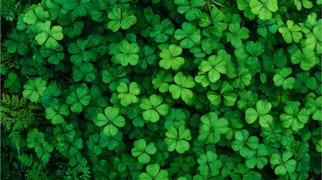 Top view of dense green clover leaves forming a natural pattern. Ideal as a background for nature, luck, eco, and freshness concepts.