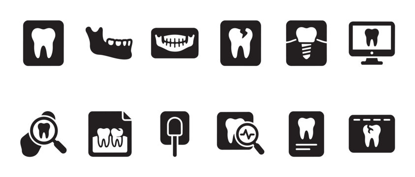 Collection of black and white vector icons representing various aspects of dental care, including X-rays, implants, and dental tools for medical websites.