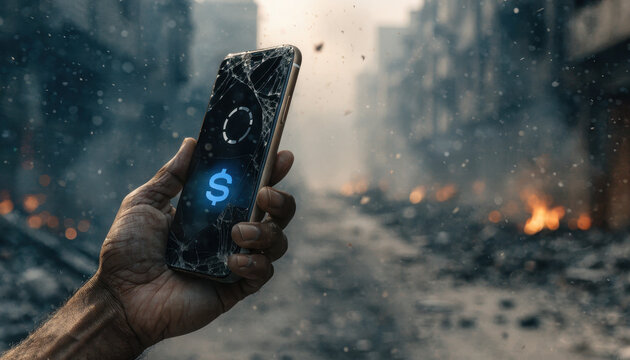 Damaged smartphone displaying currency symbol in war torn street, urgent survival tone