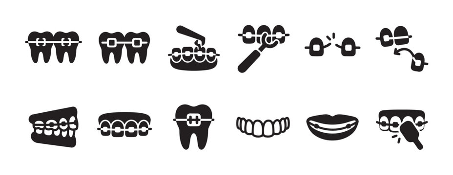 A collection of black and white silhouette icons illustrating various aspects of dental braces, including application, treatment, and results for a healthy smile.
