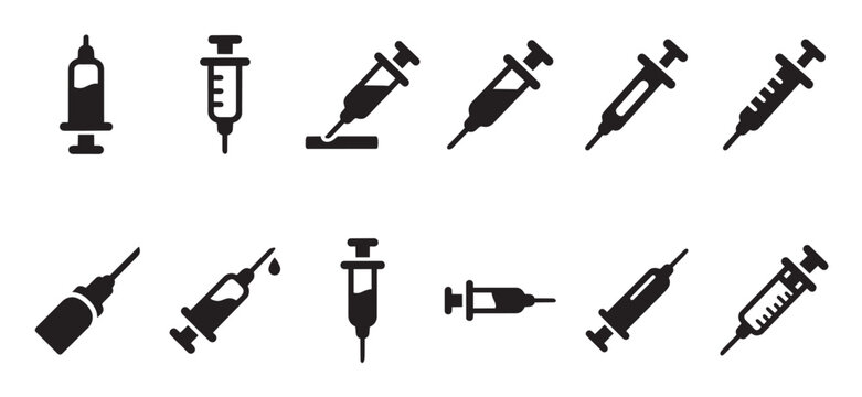 Collection of simple black syringe icons in various poses and configurations on a white background, representing medical procedures and vaccinations.