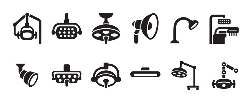 Collection of black silhouette icons representing various medical and surgical lights used in operating rooms and healthcare settings.