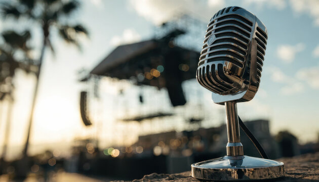 Vintage microphone retro stage concert sunset live performance nostalgic