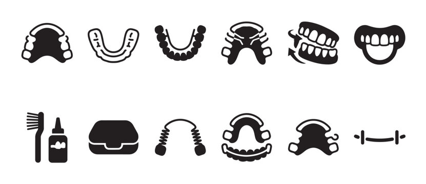 A collection of black and white icons representing various dental prostheses, care items, and oral appliances for dental concept use.
