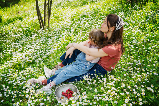Happy mother and daughter eating fresh strawberries while sitting on daisy meadow in garden.