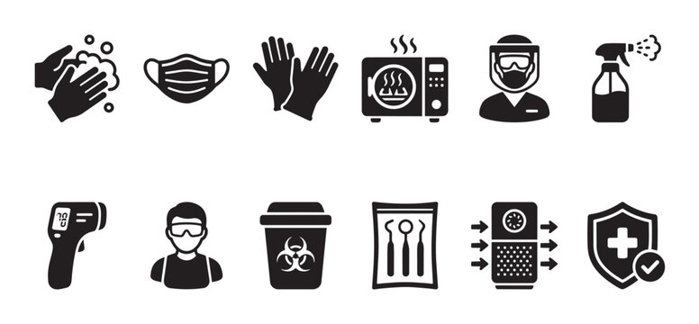 A set of black and white icons representing hygiene, safety, and health protection measures including hand washing, masks, and sanitization.