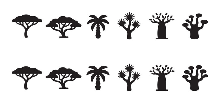 A collection of black African and desert tree silhouettes, including baobab and palm trees, set against a clean white background for versatile design use.
