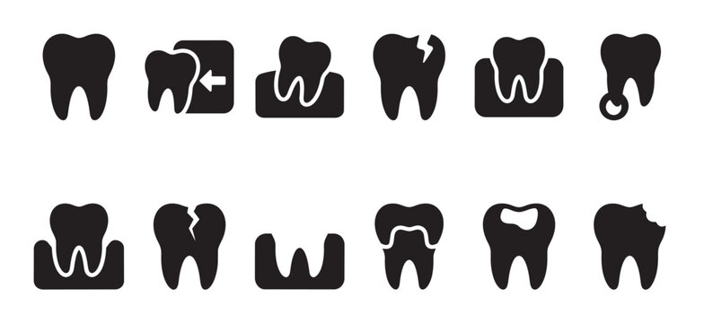 Collection of black and white vector icons representing various dental conditions including healthy teeth, cavities, cracks, tooth loss, and gum problems.