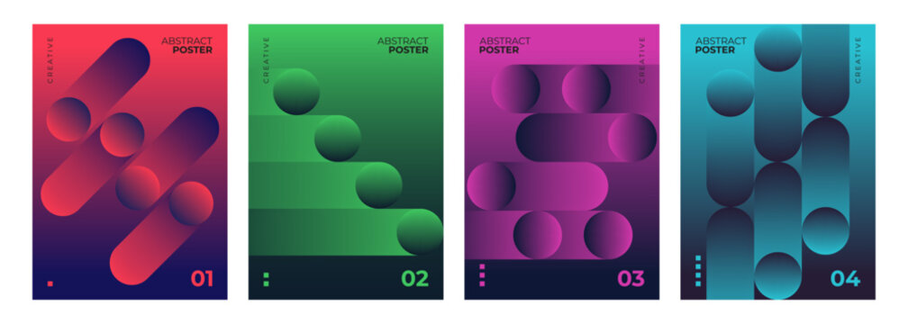 Set of Abstract Posters. Vibrant gradient geometric shapes on color background. Creative graphic designs. Vector illustration.